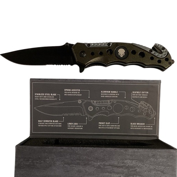 Tactical Folding Knife with Skull Emblem - Picture 3 of 5